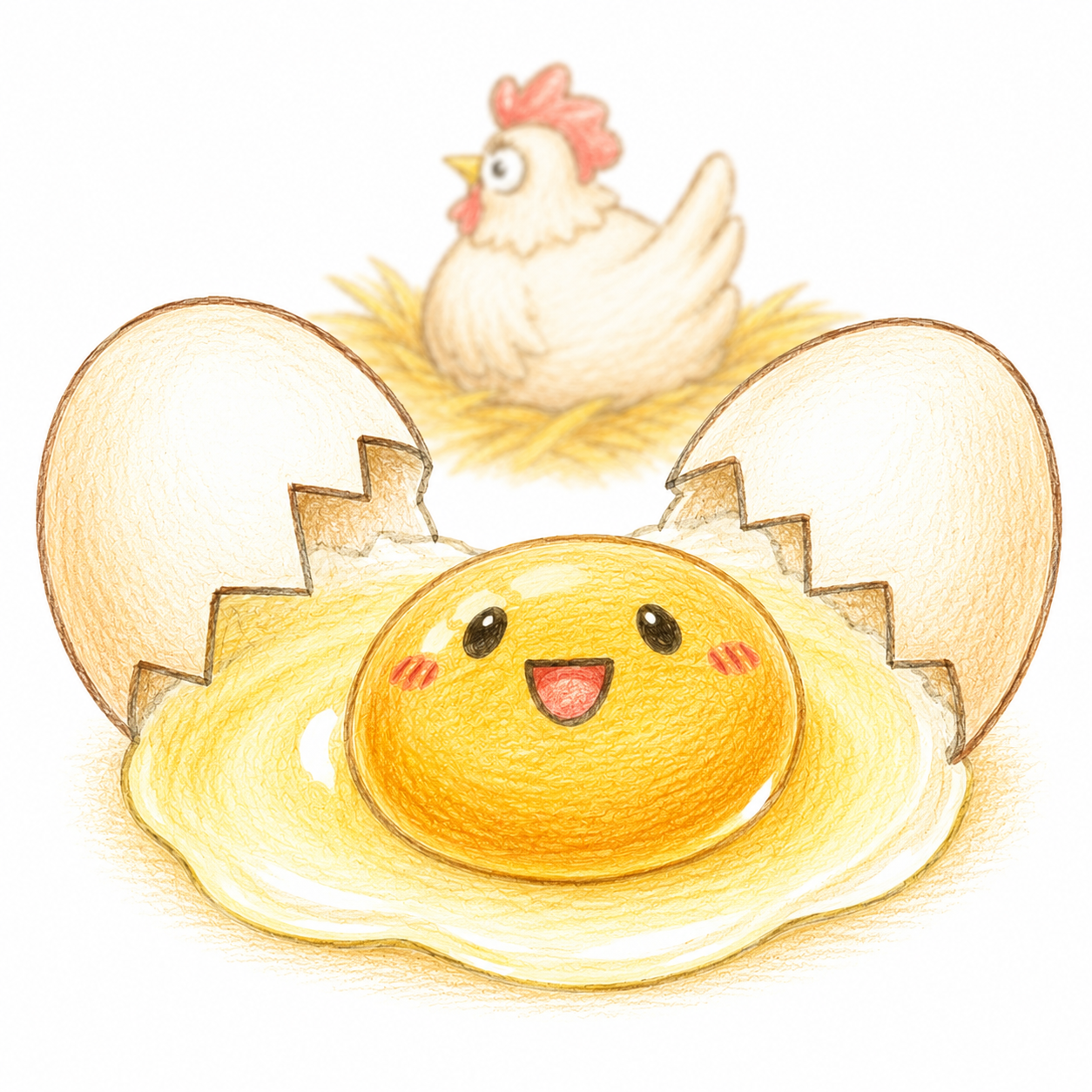ニワトリと、殻から顔を出した黄身のキャラクター