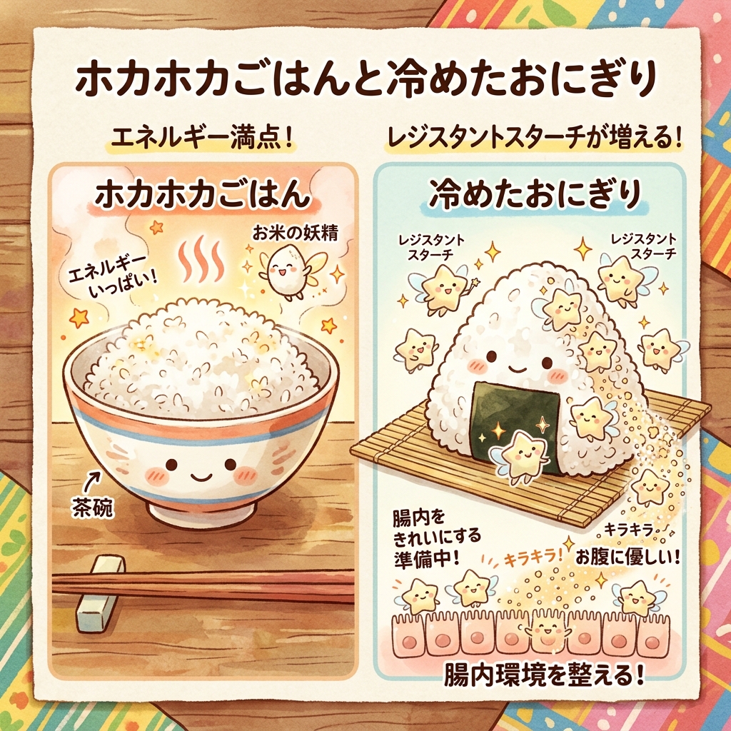 炊きたてごはんと冷めたおにぎりの比較
