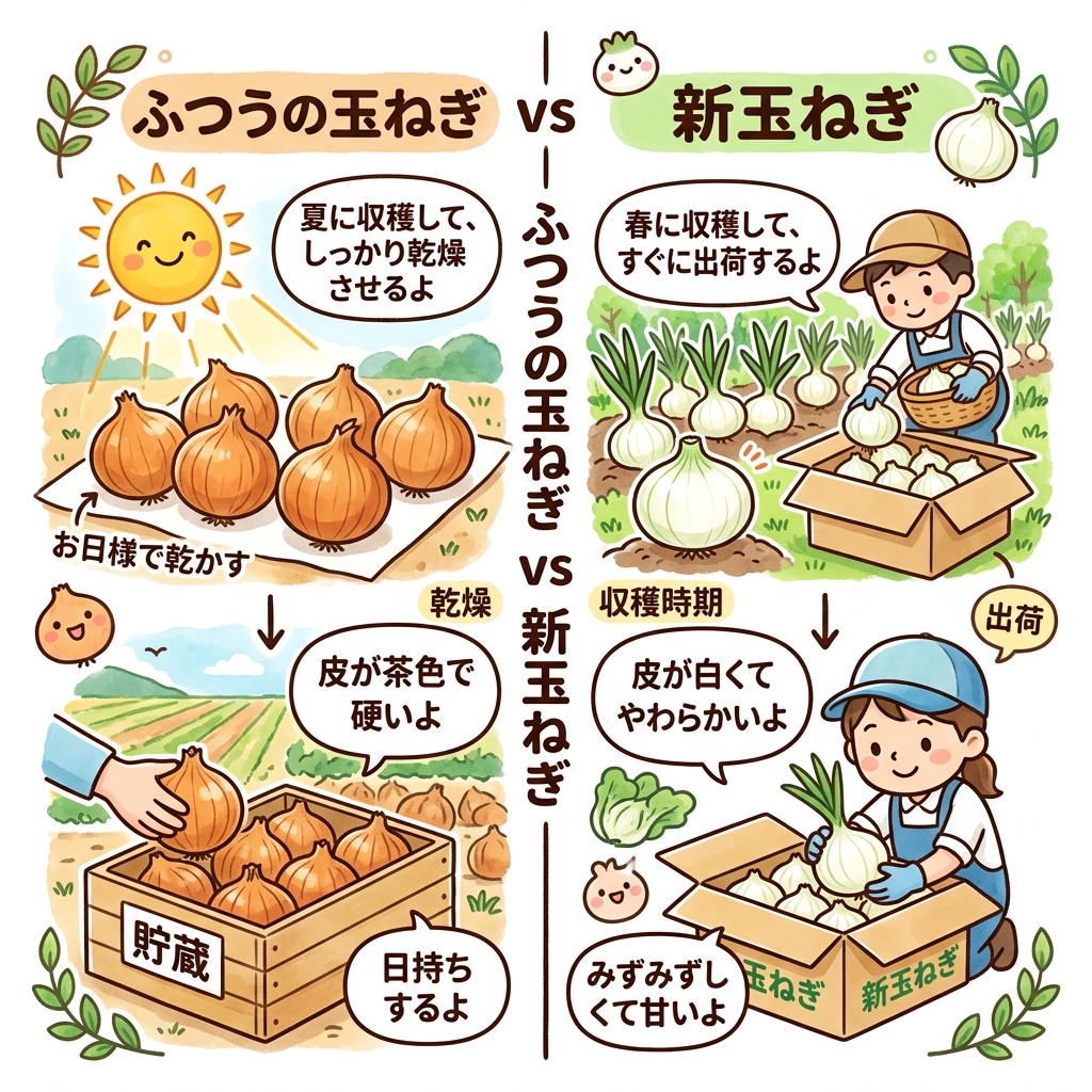 普通の玉ねぎと新玉ねぎの収穫の違い